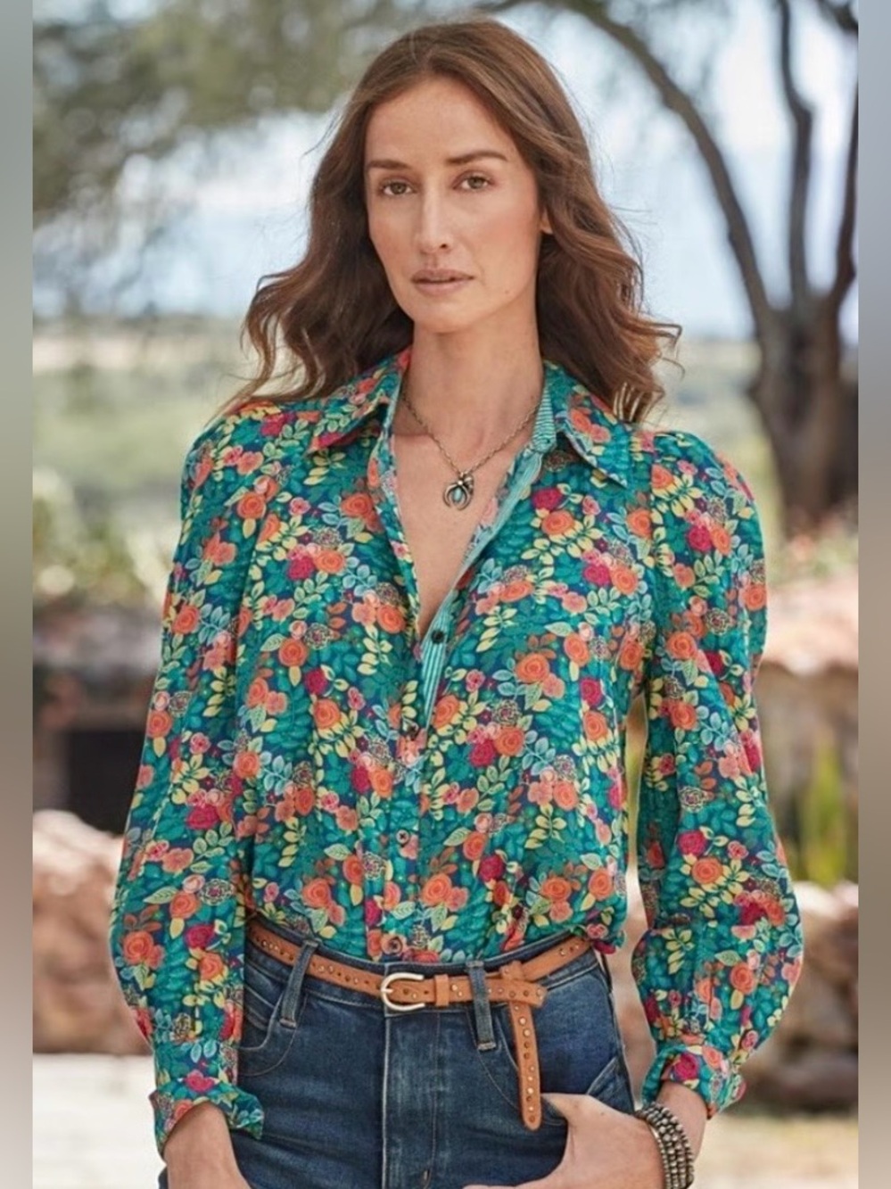 NEW NWOT WOMENS LARGE (bust 46”) SUNDANCE ROSIE VINES FLORAL SHIRT TOP